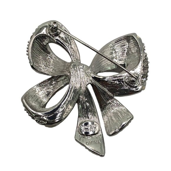 Nolan Miller Bow Pin Brooch Rhinestone Enamel Silver Tone - Picture 2 of 8